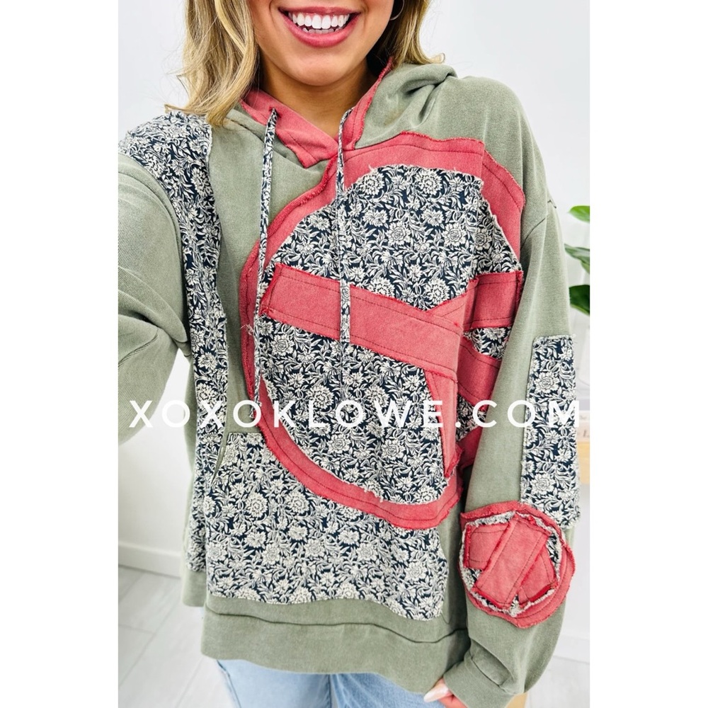 POL Olive French Terry Hoodie | Vintage Wash Peace & Floral Patchwork